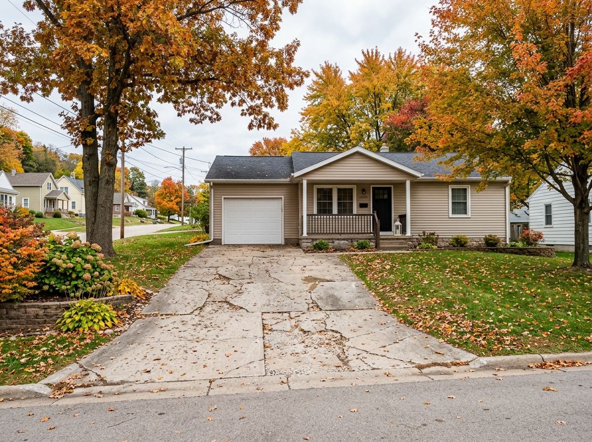 Worn concrete driveway before replacement in Dubuque, Iowa